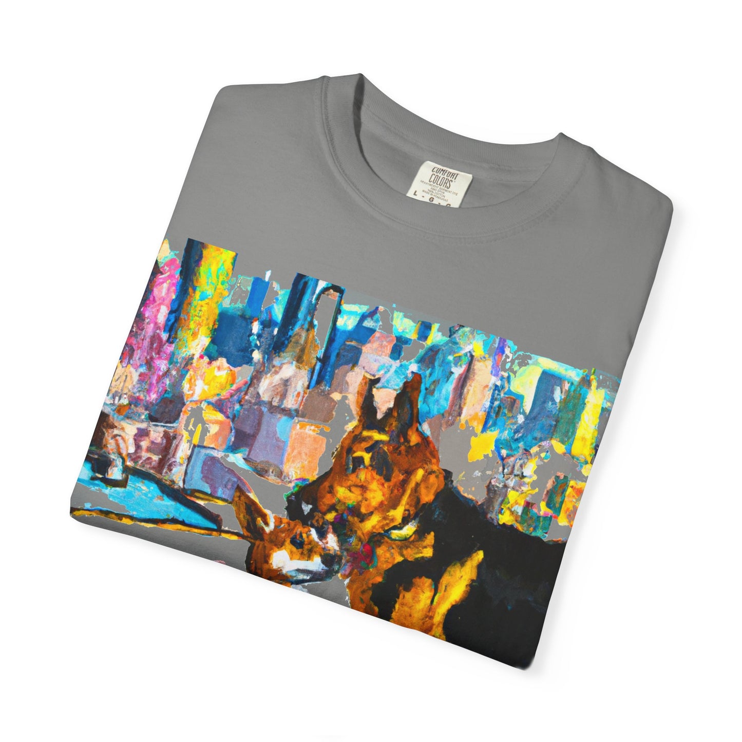 Dog Art T-Shirt — Colorful Urban Canine Print (Back Logo "PLUKOUT.com")