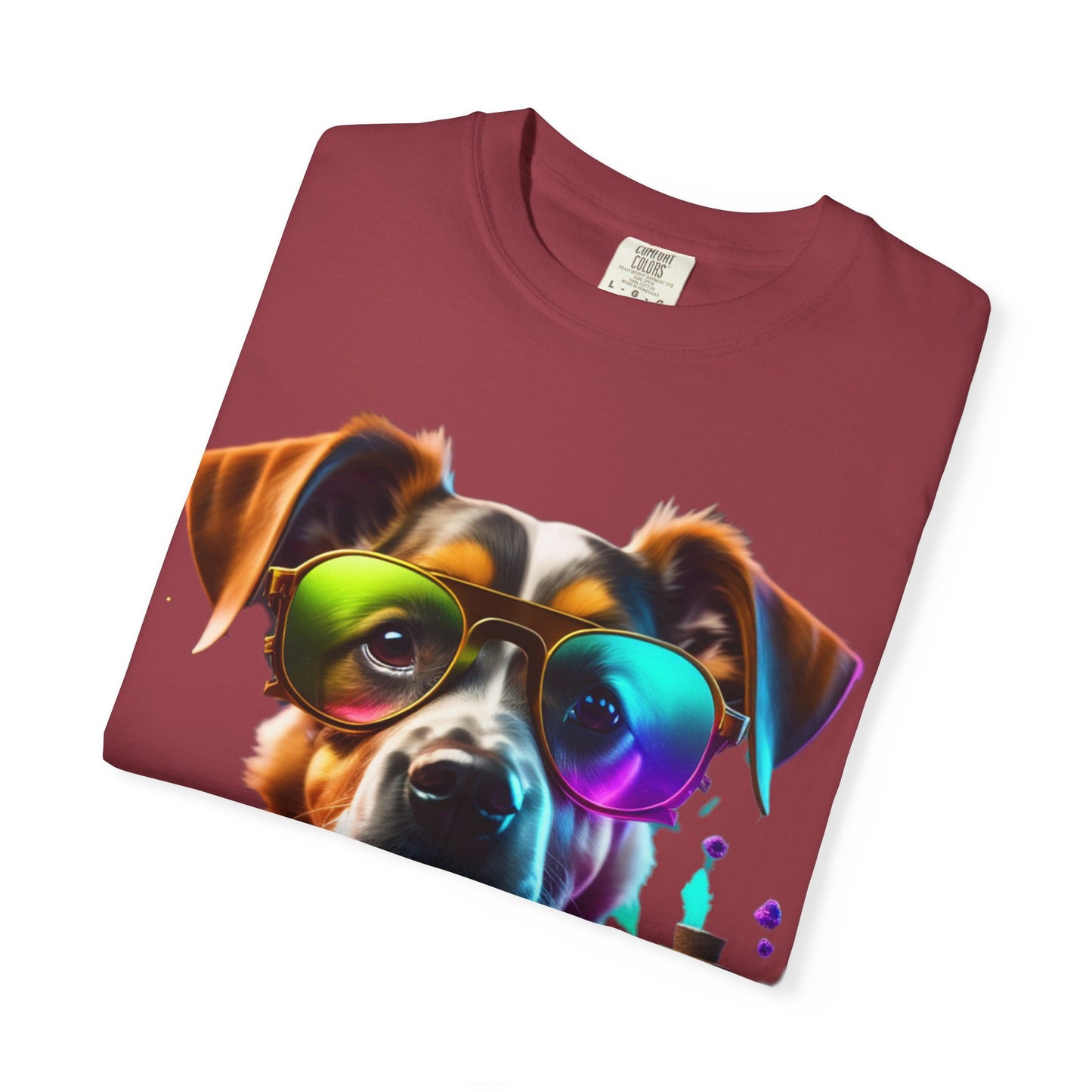 Dog Chemist Graphic T-Shirt — Colorful Lab Pup Design with 'Plurout.com' Backprint