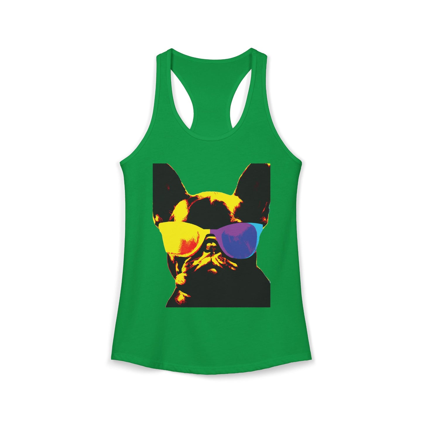Gold Frenchie Graphic Racerback Tank — "Cool Glasses" French Bulldog Design