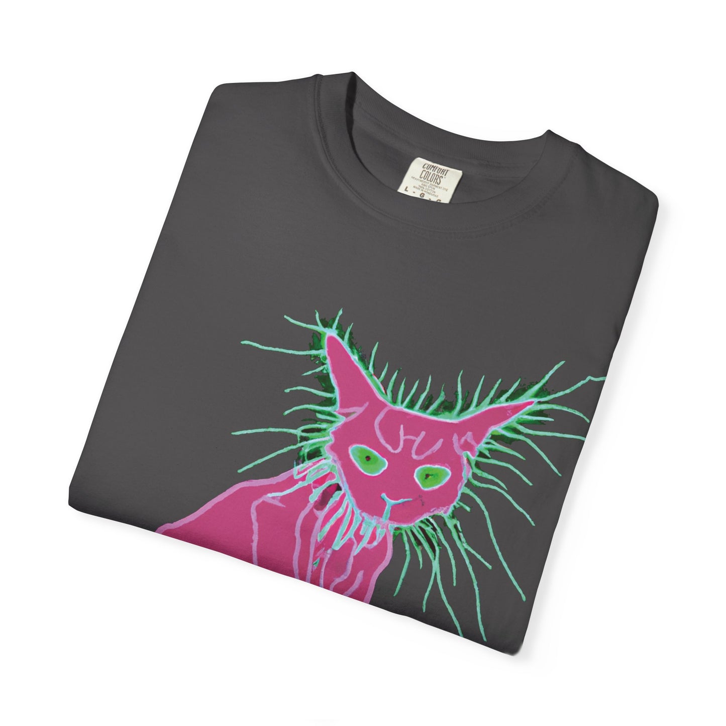 Sphynx Cat Graphic T-Shirt — Neon Pink & Green Punk Cat Design