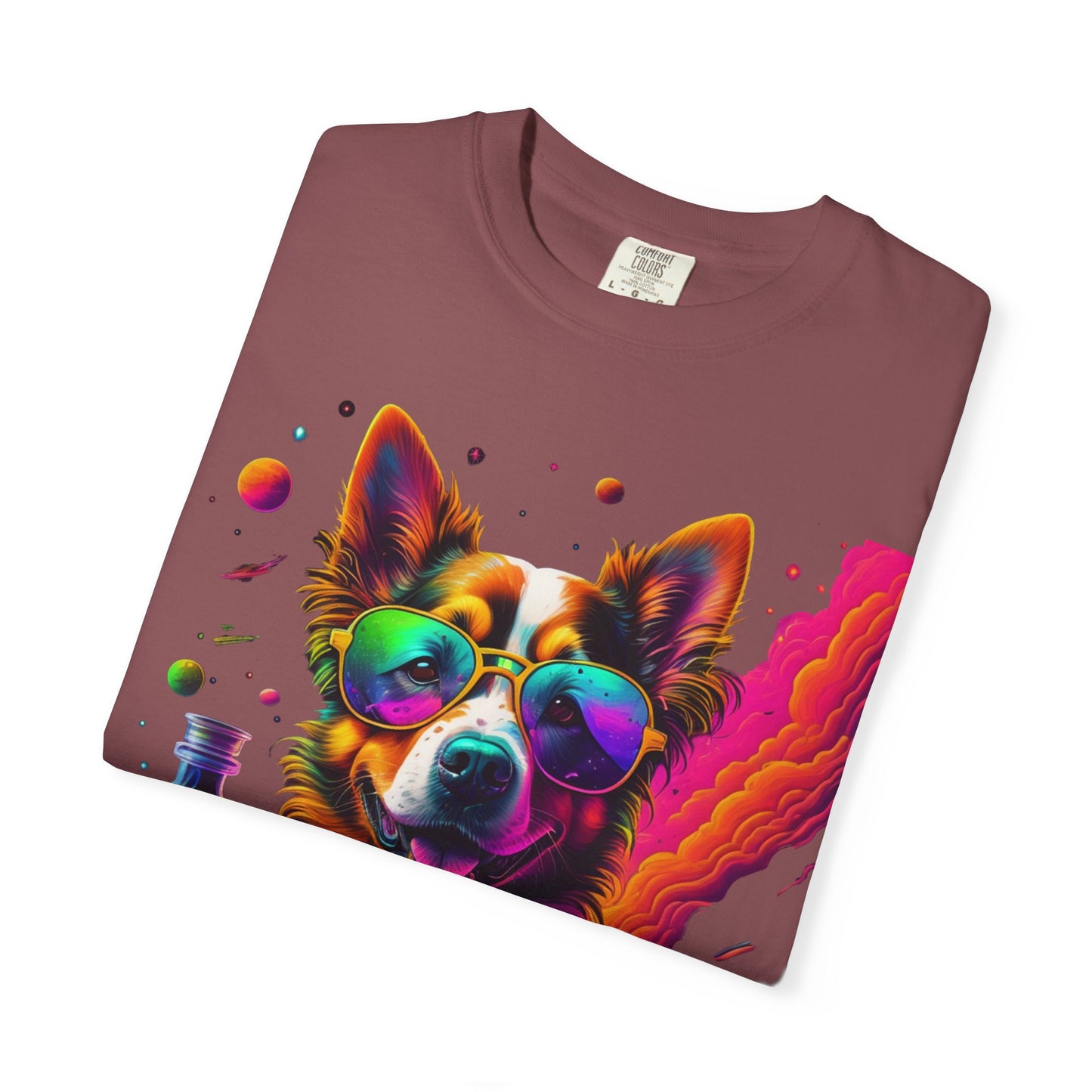 Psychedelic Dog Graphic Tee — Colorful Sunglasses Pup Print