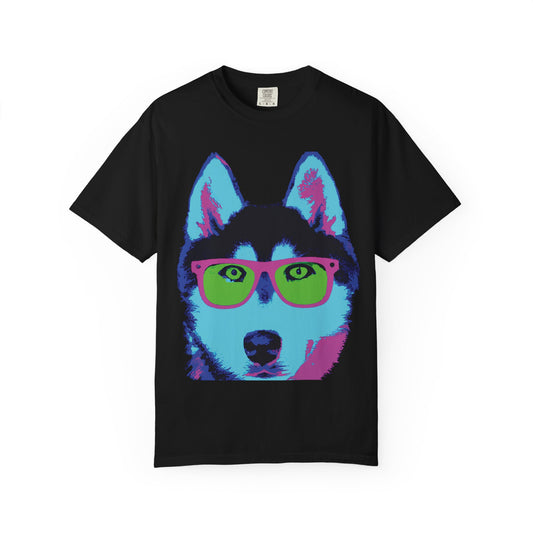 Pop Art Husky T-Shirt — Colorful Dog Face with Sunglasses, Back 'PLURout.com' Graphic