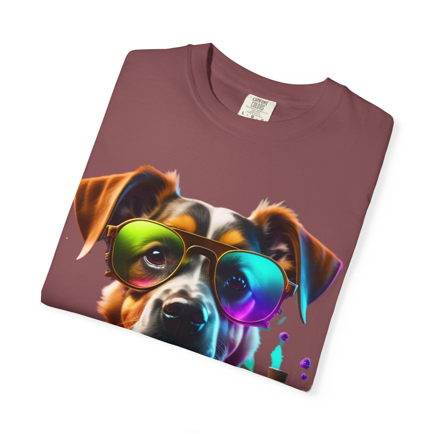 Dog Chemist Graphic T-Shirt — Colorful Lab Pup Design with 'Plurout.com' Backprint