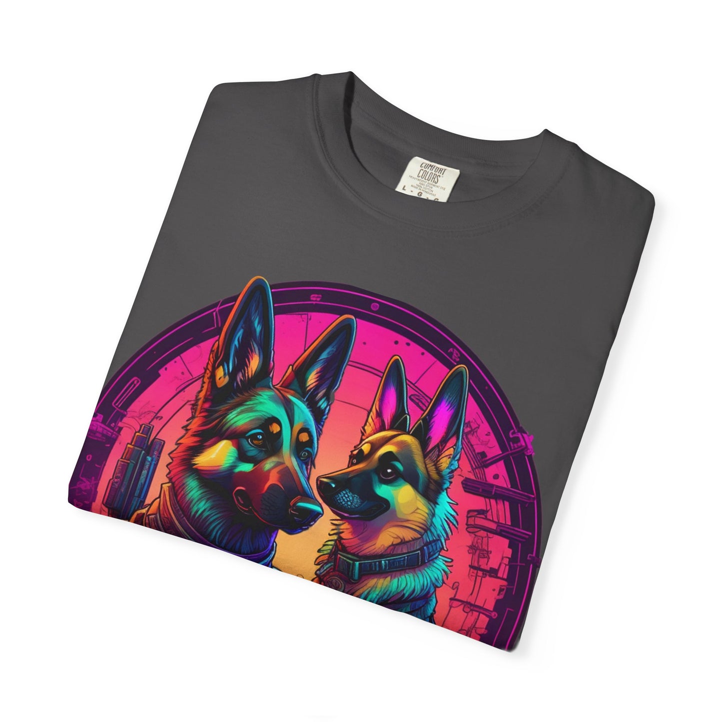 German Shepherd T-Shirt — Neon Retro Dog Duo Graphic Tee