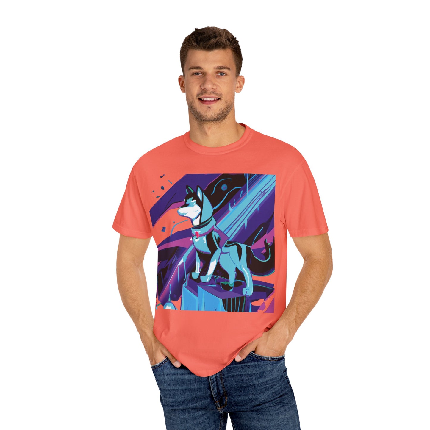 Arctic Husky Graphic T‑Shirt — Neon Cyber Wolf Design
