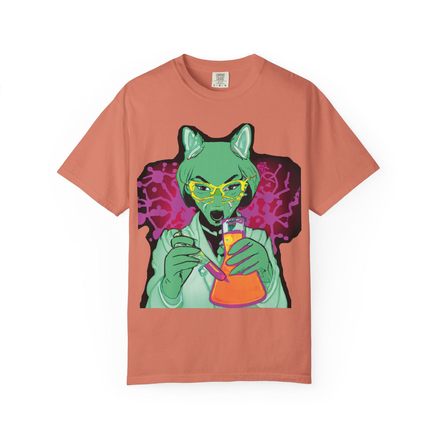Psychedelic Fox Chemist T-Shirt — Green Fox with Beaker Graphic