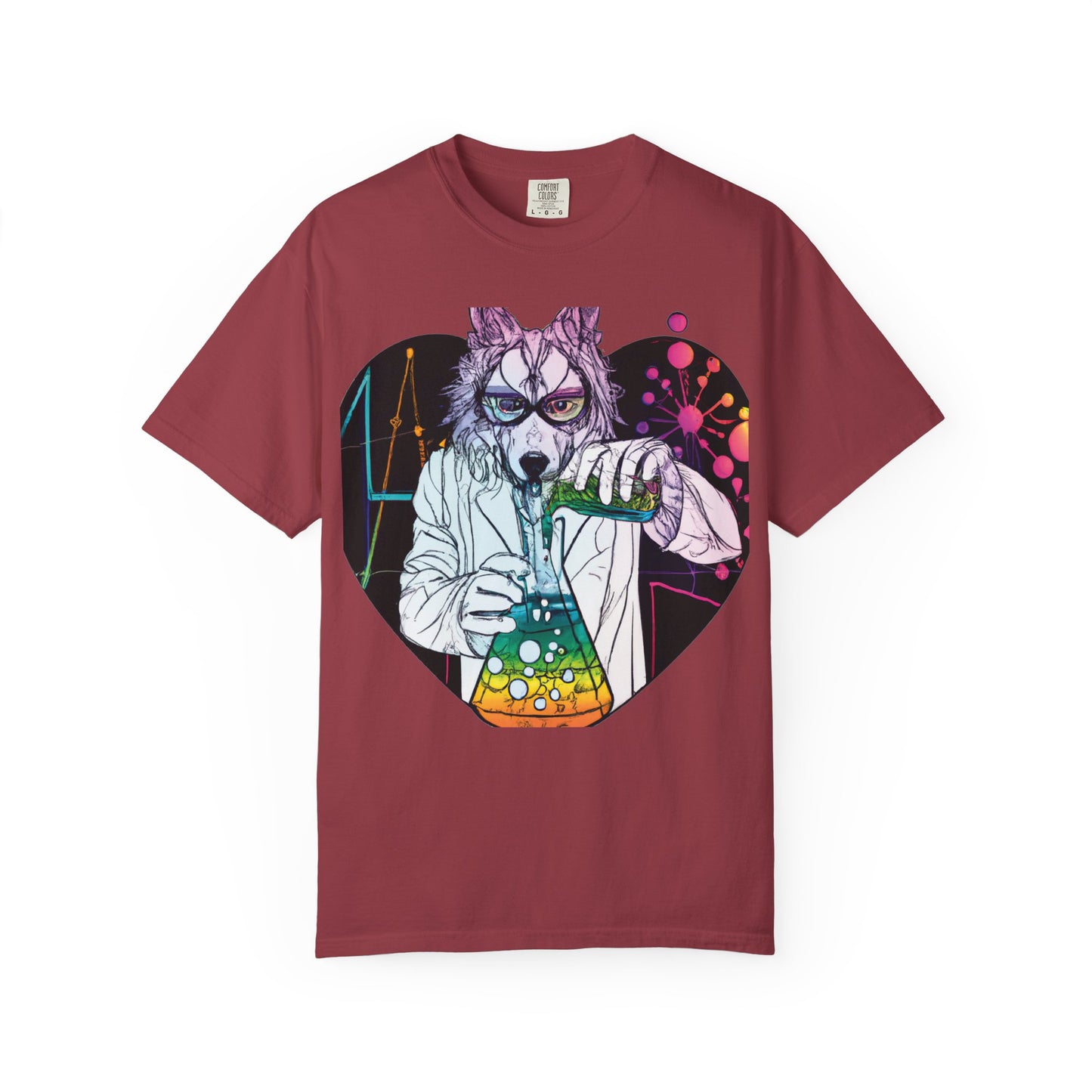Science Wolf Heart T-Shirt — Colorful Mad Scientist Wolf Graphic Tee