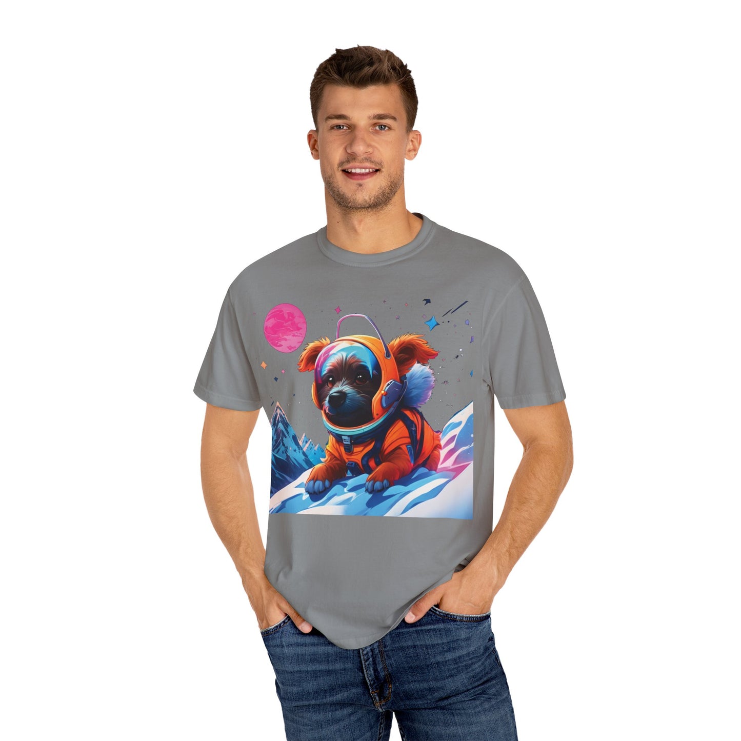 Astronaut Pug T-Shirt — Cute Space Dog Graphic Tee with PLUROUT.com Back Print