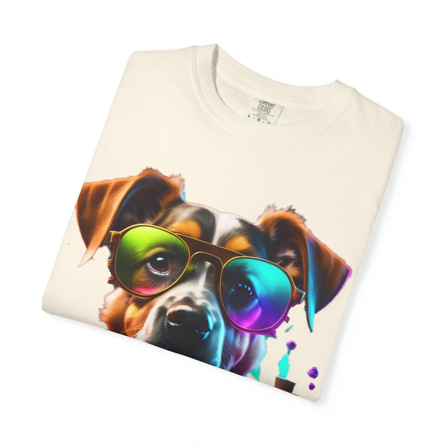 Dog Chemist Graphic T-Shirt — Colorful Lab Pup Design with 'Plurout.com' Backprint